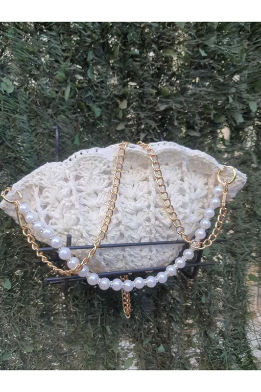 Handmade Stylish Shoulder Bag With Pearl And Silver Strap