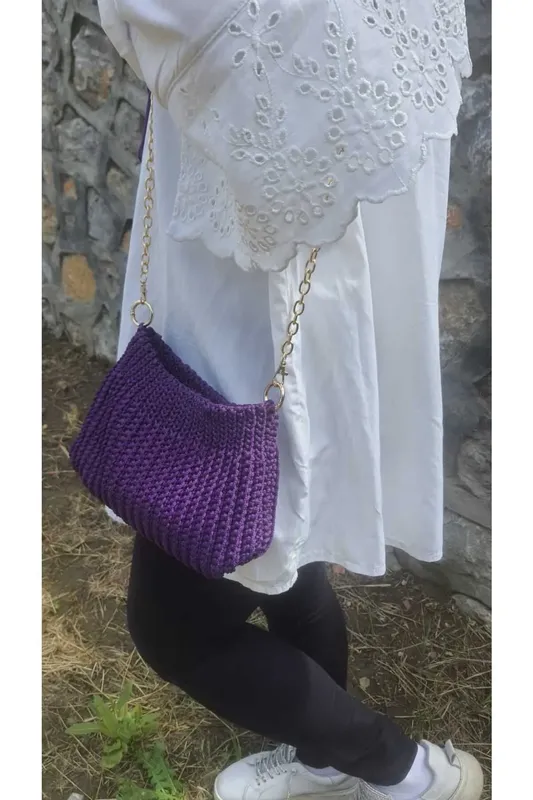 Hand Knitted Purple Shoulder Bag Natural and Stylish Design