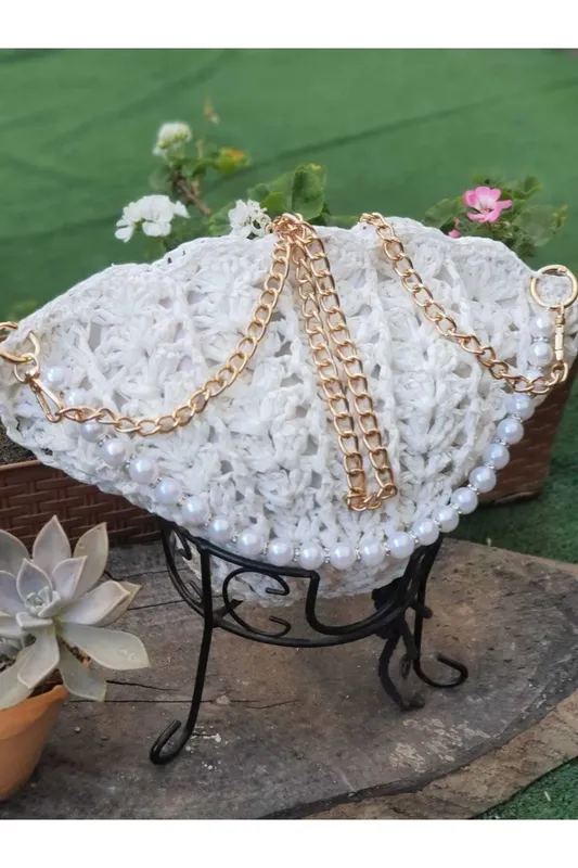 Handmade Stylish Shoulder Bag with Pearl and Silver Strap