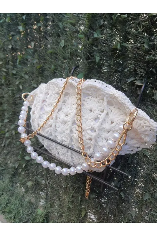 Handmade Stylish Shoulder Bag with Pearl and Silver Strap