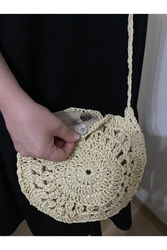 Round Beige Knitted Bag Stylish and Lightweight Design for Summer Beach Style