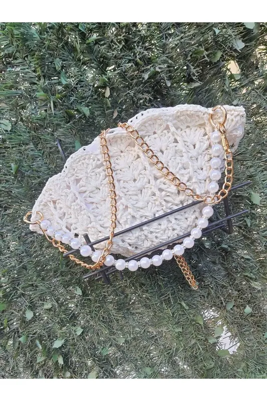 Handmade Stylish Shoulder Bag with Pearl and Silver Strap