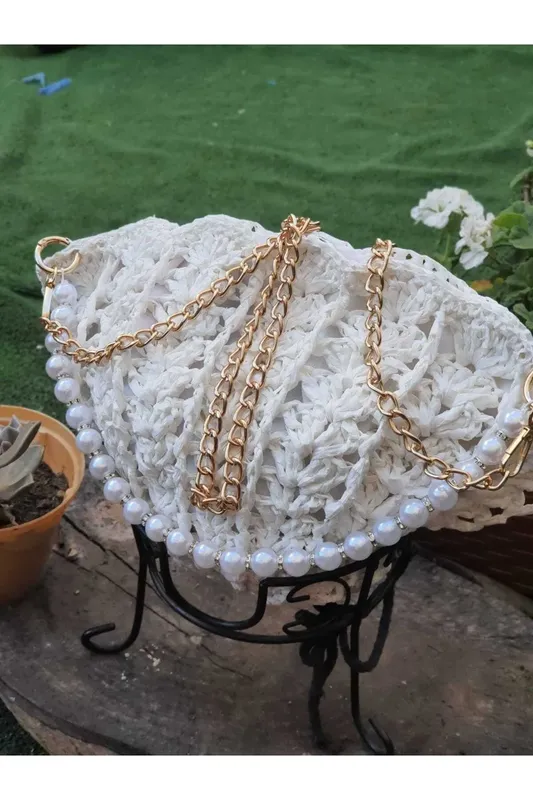Handmade Stylish Shoulder Bag with Pearl and Silver Strap