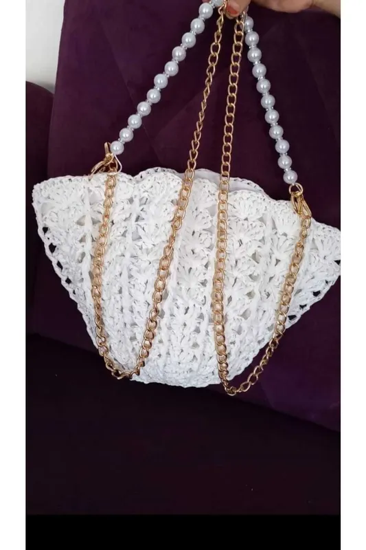 Handmade Stylish Shoulder Bag with Pearl and Silver Strap