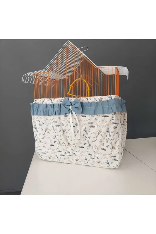 Bird Figured Cage Tulle on a Beige Background, Closed at the Bottom and Elastic at the Top