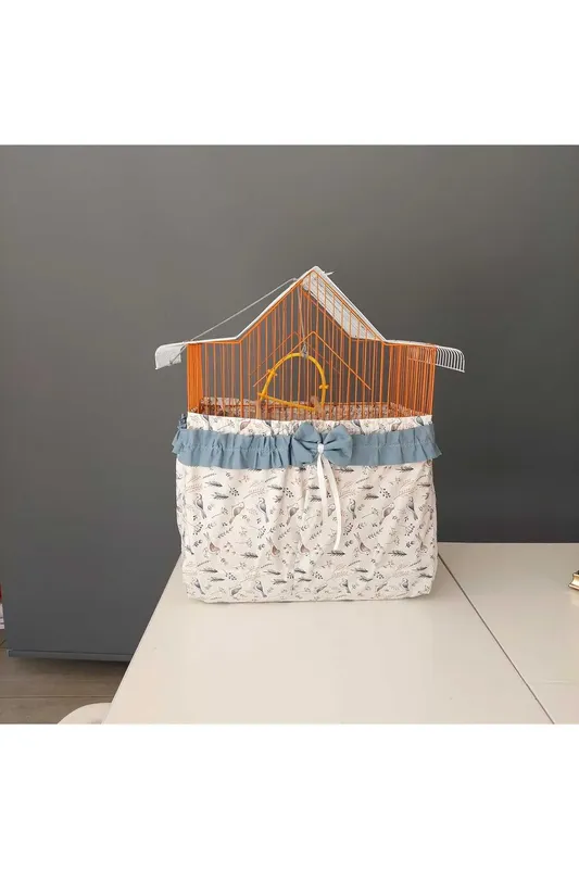Bird Figured Cage Tulle on a Beige Background, Closed at the Bottom and Elastic at the Top
