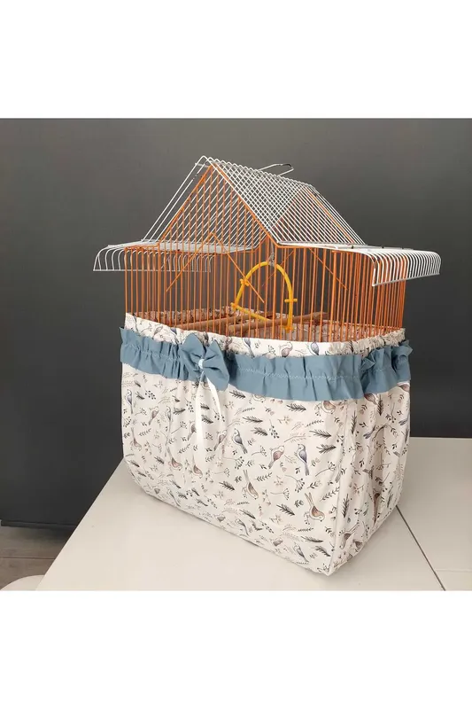 Bird Figured Cage Tulle on a Beige Background, Closed at the Bottom and Elastic at the Top