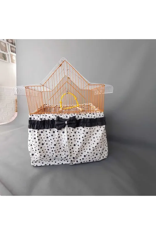 BIRD CAGE COVER WITH INDIGO GEOMETRIC PATTERNS ON AN ECRU GROUND