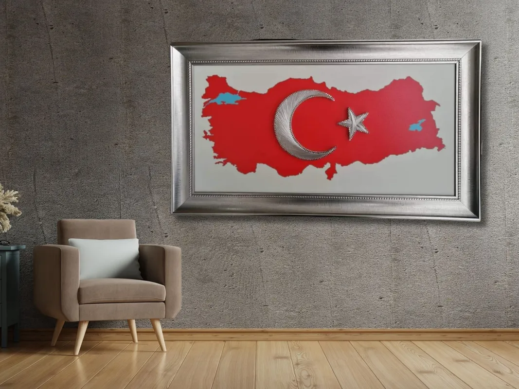 El Yapımı Türk Bayrağı Filografi Tablo 30x50 cm Vatansever Dekoratif Sanat