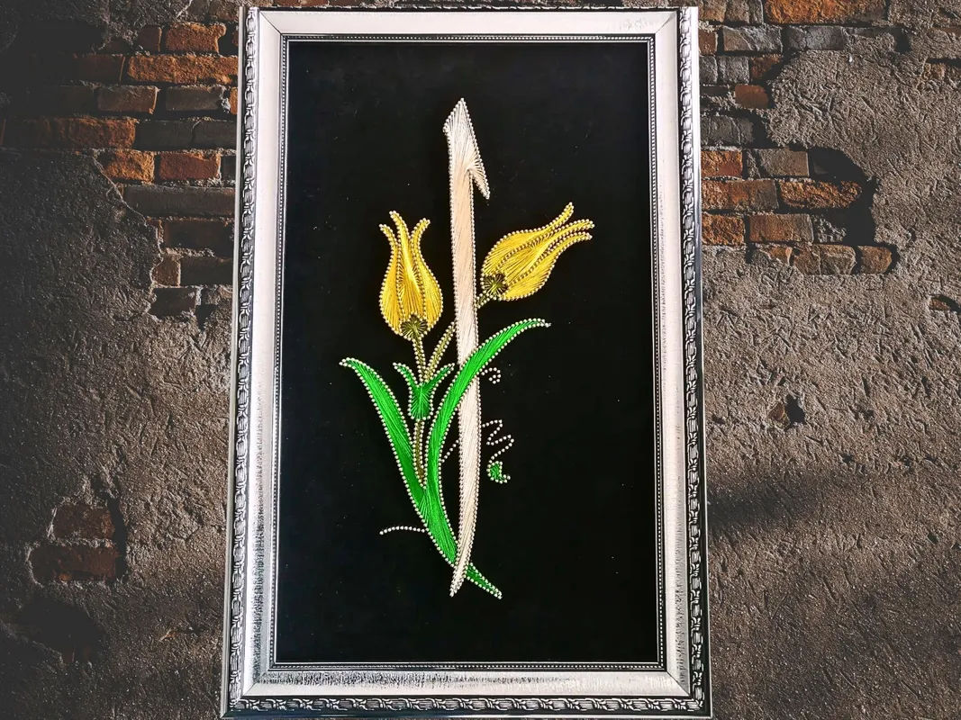 Gold Silver Colored Elif Letter Philography Tulip Patterned Handmade Painting 30x50 cm