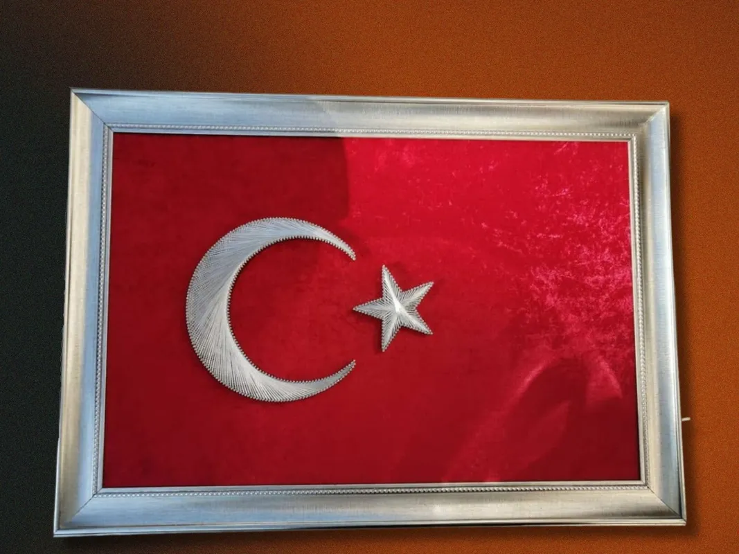 Turkish Flag Philography Painting 30x50 cm Handmade Homeland Themed Decor on Red Fabric