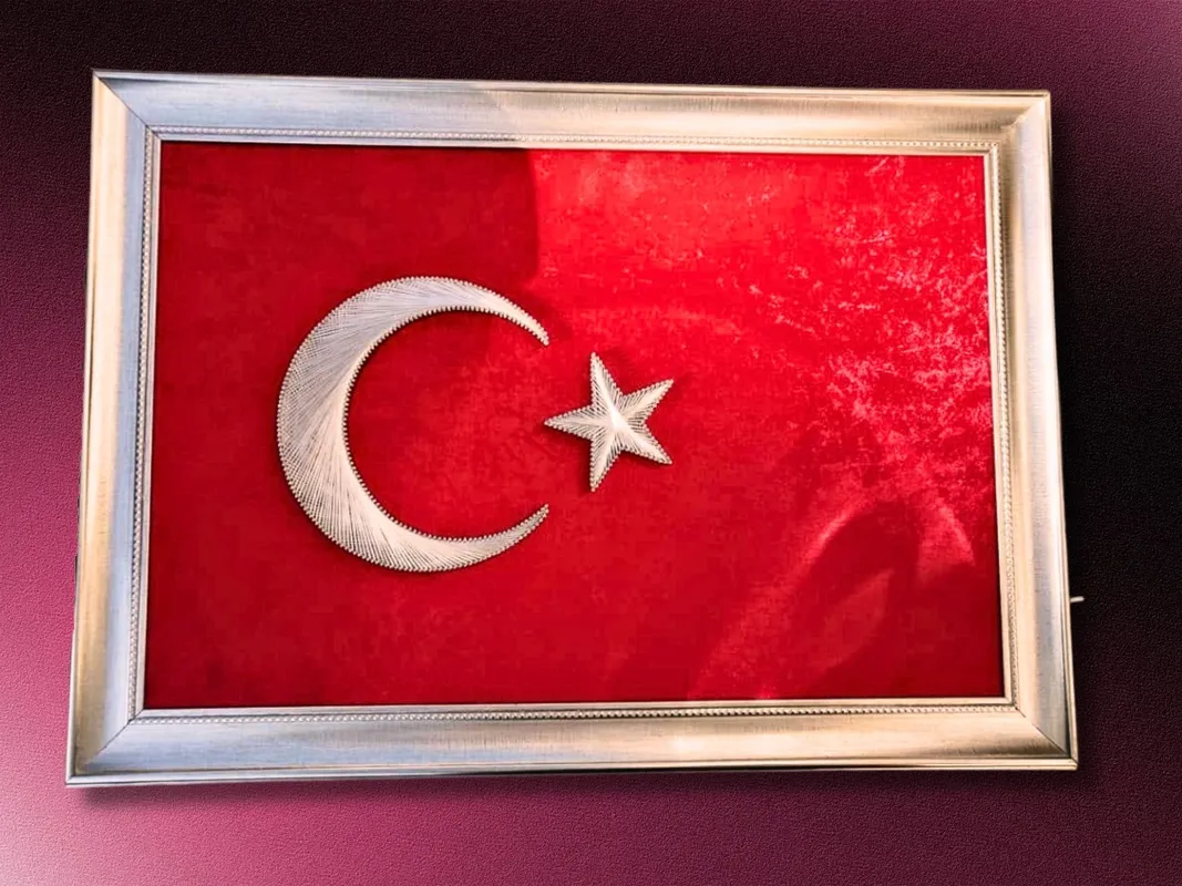 Turkish Flag Philography Painting 30x50 cm Handmade Homeland Themed Decor on Red Fabric
