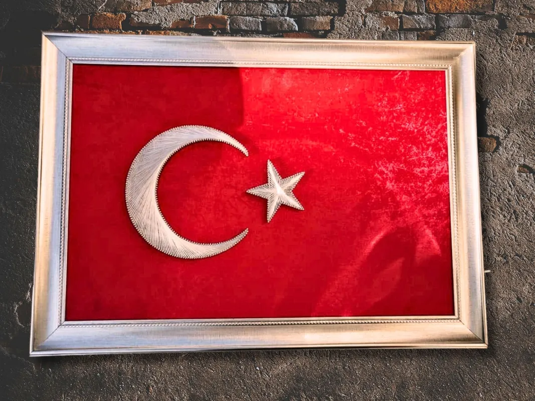 Turkish Flag Philography Painting 30x50 cm Handmade Homeland Themed Decor on Red Fabric
