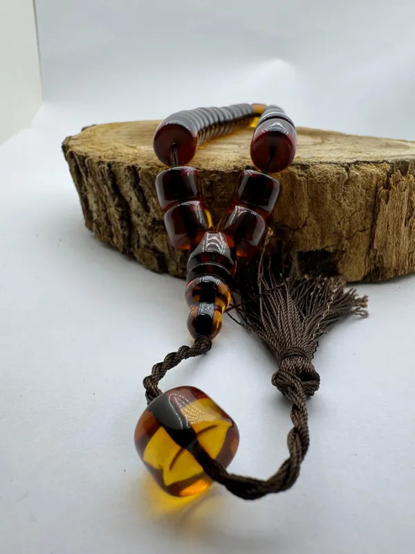 Handmade Fire Amber Prayer Beads with Stylish Dyed Rope Design