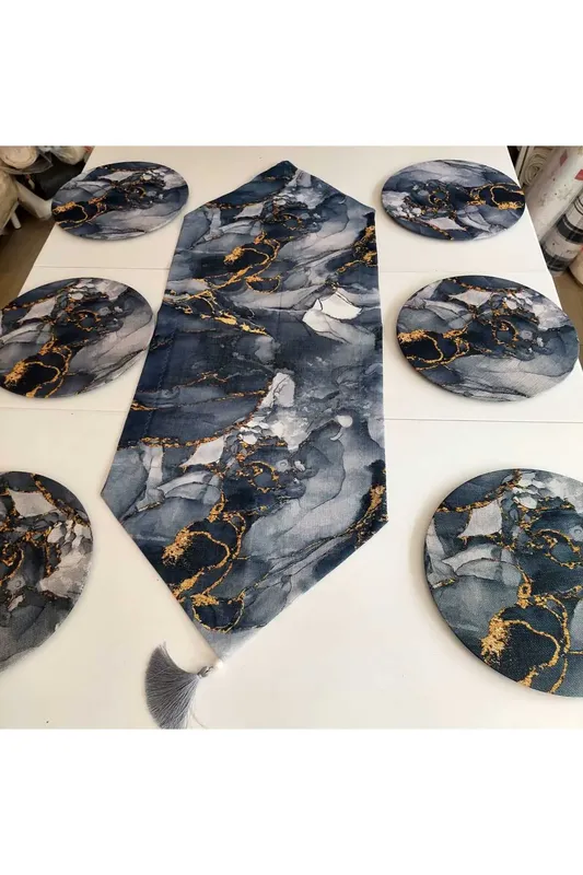 Linen Gray Marble Patterned Charger Plate Set | 6 Charger Plates + 6 Charger Plate Covers + 1 Runner
