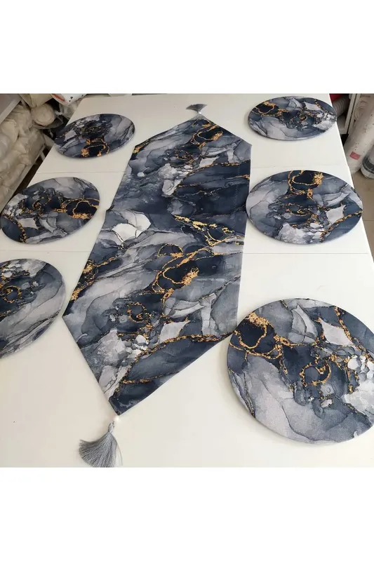 Linen Gray Marble Patterned Charger Plate Set | 6 Charger Plates + 6 Charger Plate Covers + 1 Runner