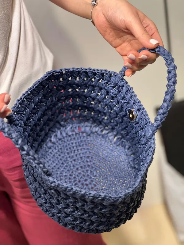 Handmade Bag Knitted with Imported Raffia Yarn in Navy Blue