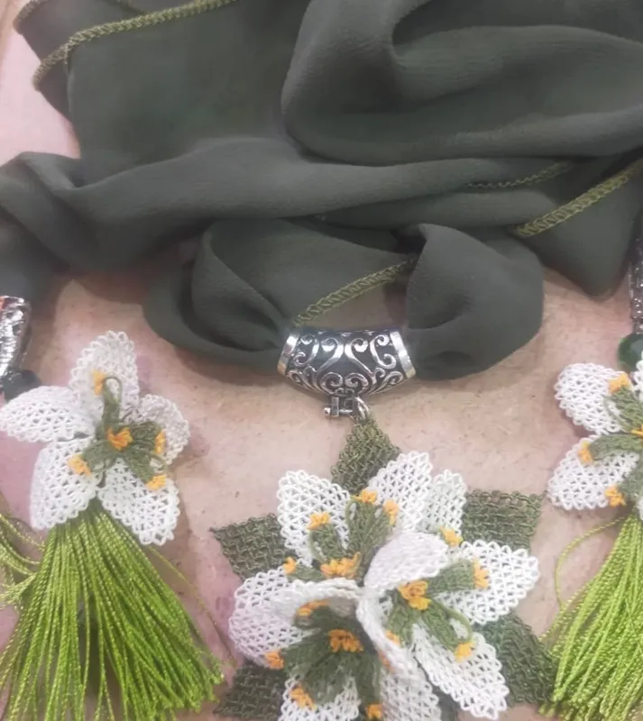 Khaki Crepe Chiffon Scarf White Needle Lace Floral Handmade Model