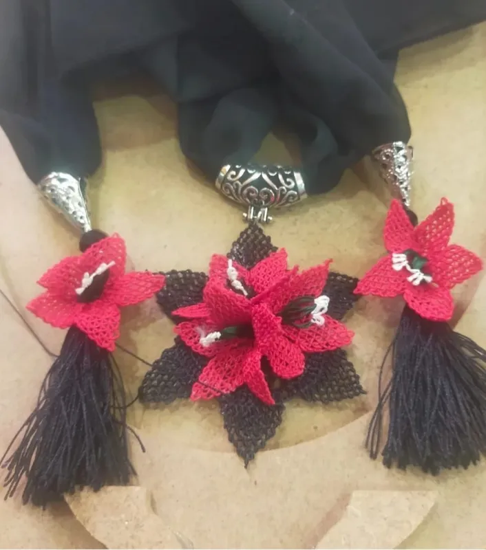Black Crepe Chiffon Scarf with Red Needle Lace Floral Handmade Model