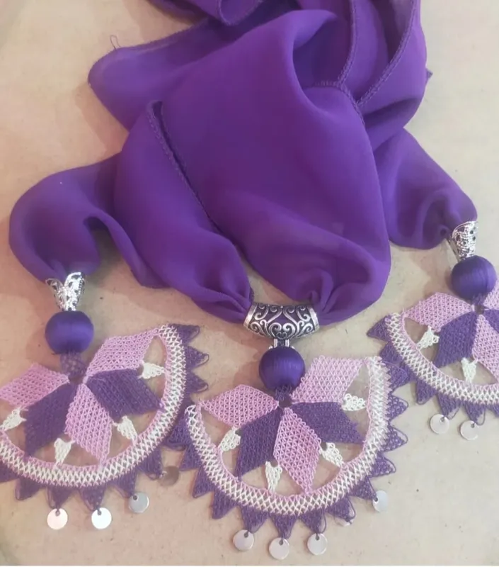 Purple Crepe Chiffon Scarf, Lilac and Lavender Needle Lace Triple Punch Detail Model