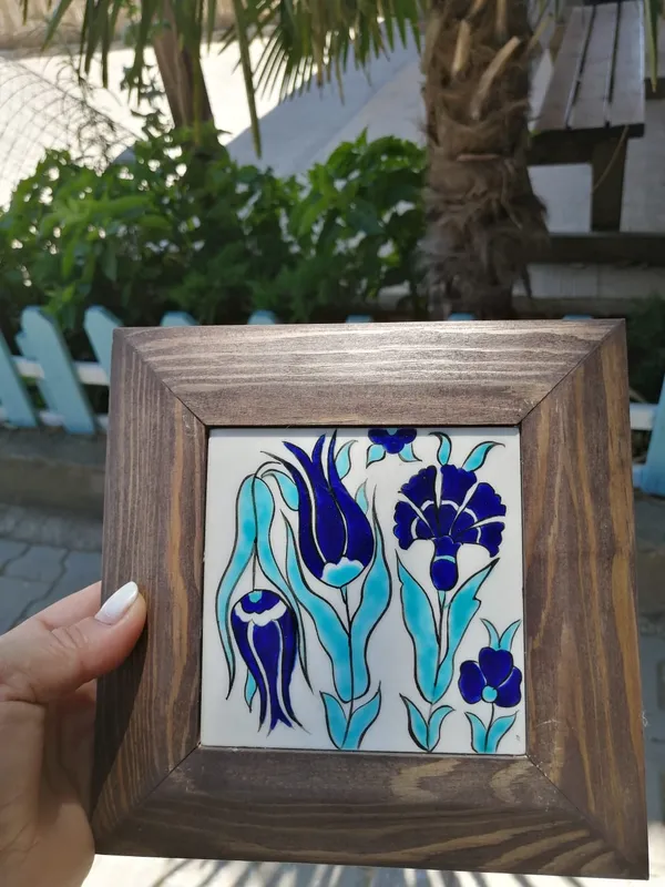Turquoise and Navy Blue Tulip Patterned Handmade 10x10 Tile Wall Panel