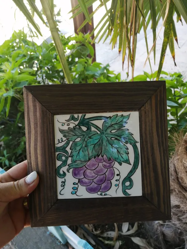 Handmade Tile Painting with Grape Motif 10x10 cm Wooden Framed Decorative Panel