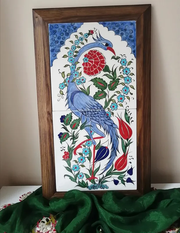 Mavi Kuş Figürlü El Yapımı İznik Çini Tablo  20x40 cm