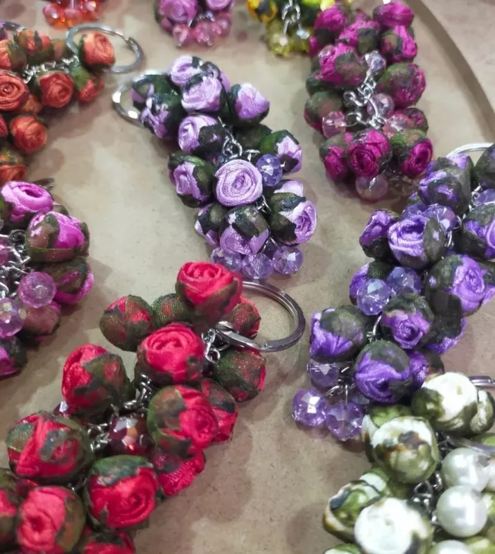 Satin Ribbon Rose Keychain Handmade Colorful Design