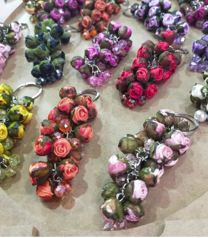 Satin Ribbon Rose Keychain Handmade Colorful Design