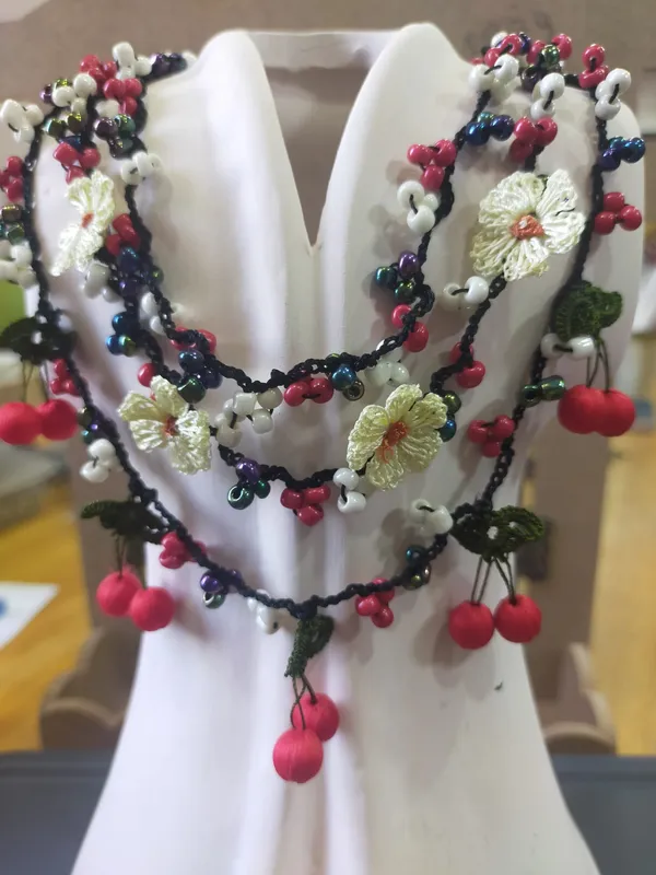 Circassian and Cherry Laced Elevator Authentic Necklace with Cream Flower and Red Detail Design