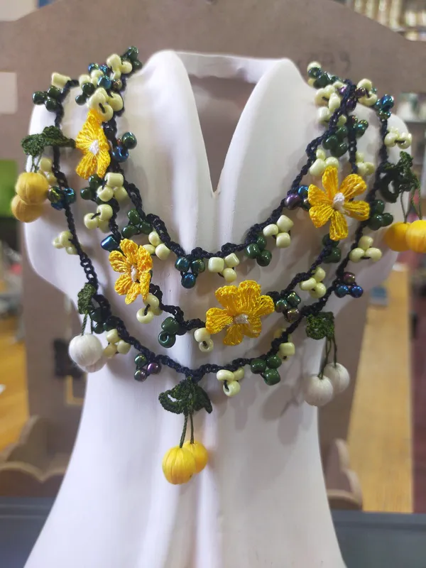 Circassian and Cherry Laced Elevator Authentic Necklace with Yellow Flower Spring Model