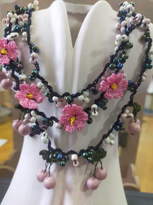 Circassian and Cherry Laced Elevator Authentic Necklace with Pink Flower Romantic