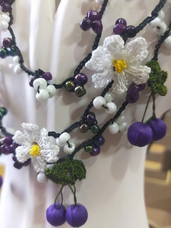Circassian and Cherry Laced Elevator Authentic Necklace with White Flower and Purple Detail