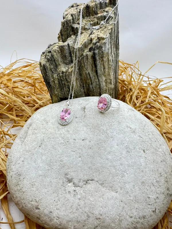 Pembe Taşlı Işıltılı Gümüş Takı Seti