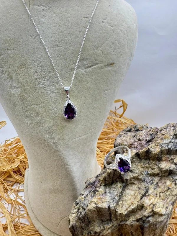 Mor Damla Taşlı Gümüş Takı Seti