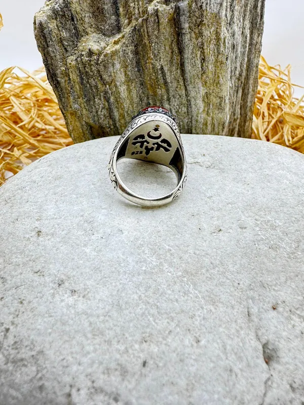 925 Sterling Silver Men's Ring with Red Agate Stone