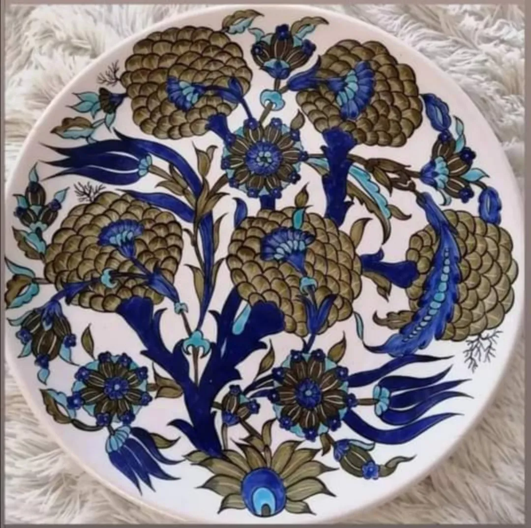 Handmade Ceramic Plate in Golden, Green and Navy Blue Tones