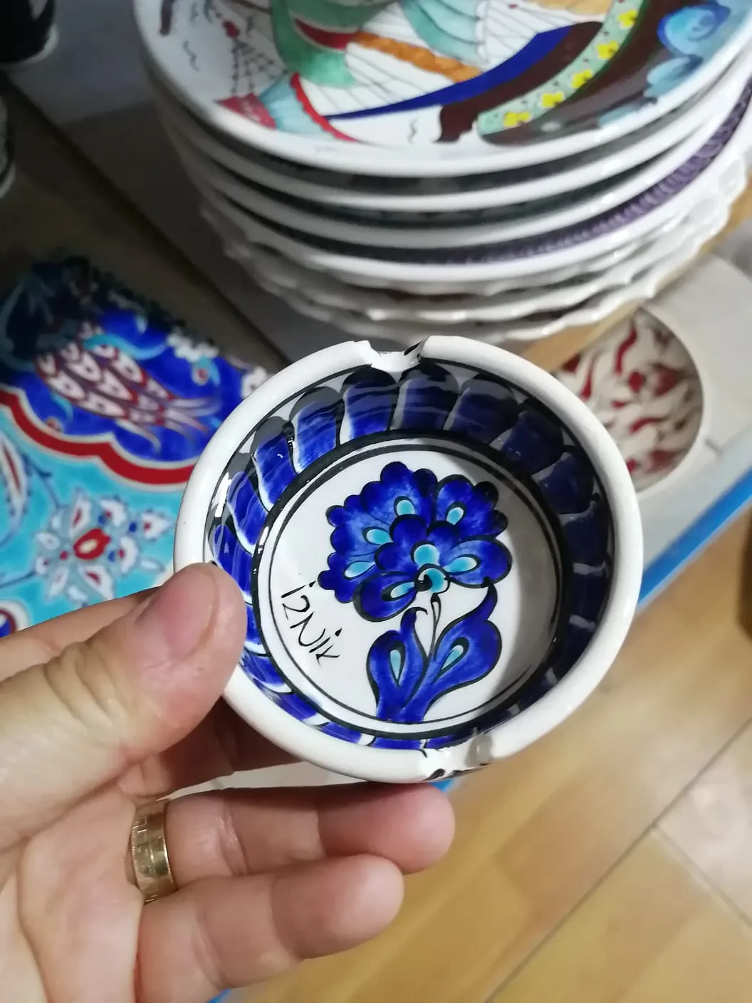 Navy Blue Floral Patterned Handmade Iznik Tile Ashtray