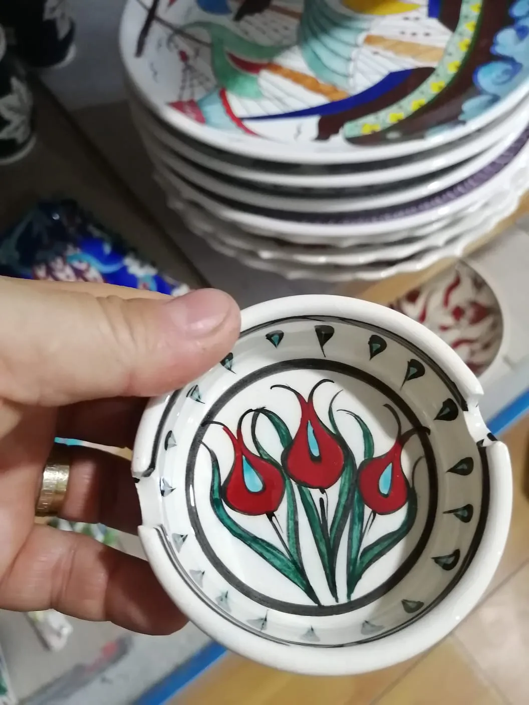 Handmade Tile Ashtray with Triple Tulip Motif