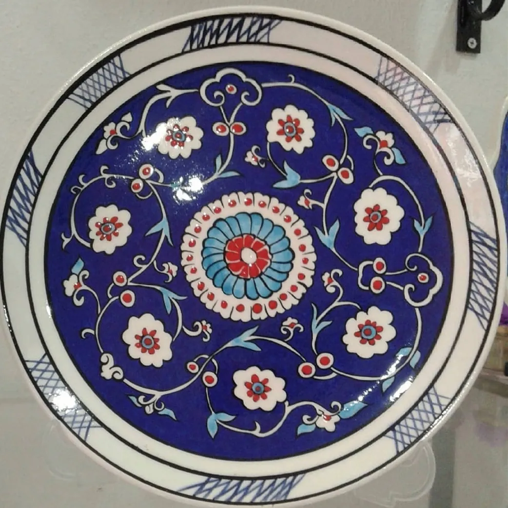 Cobalt Blue Tile Plate with Geometric Rumi Flower Motif – Hand Painted Anatolian Art
