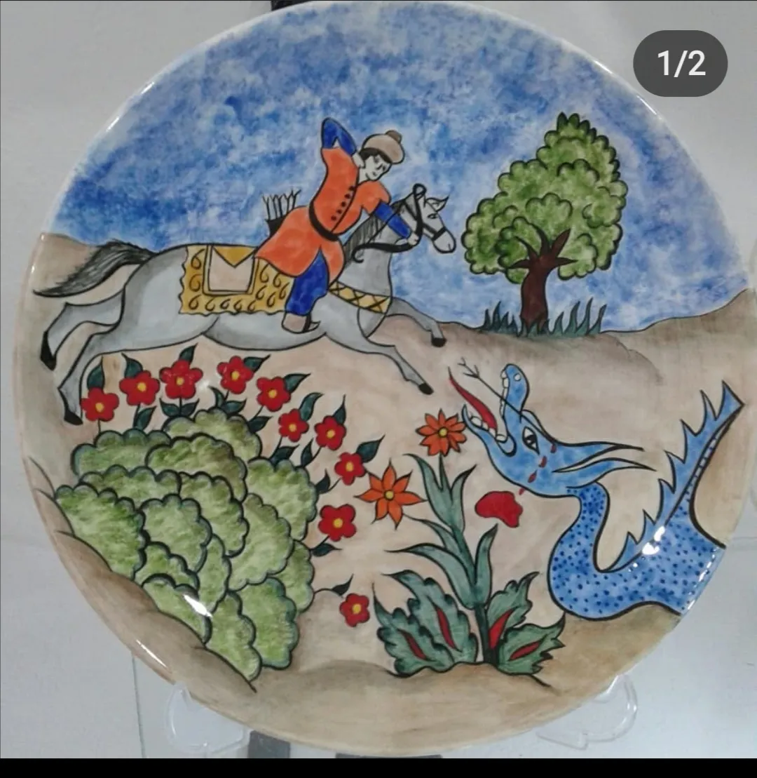 Miniature Style Dragon and Warrior Themed Hand Painted Tile Plate