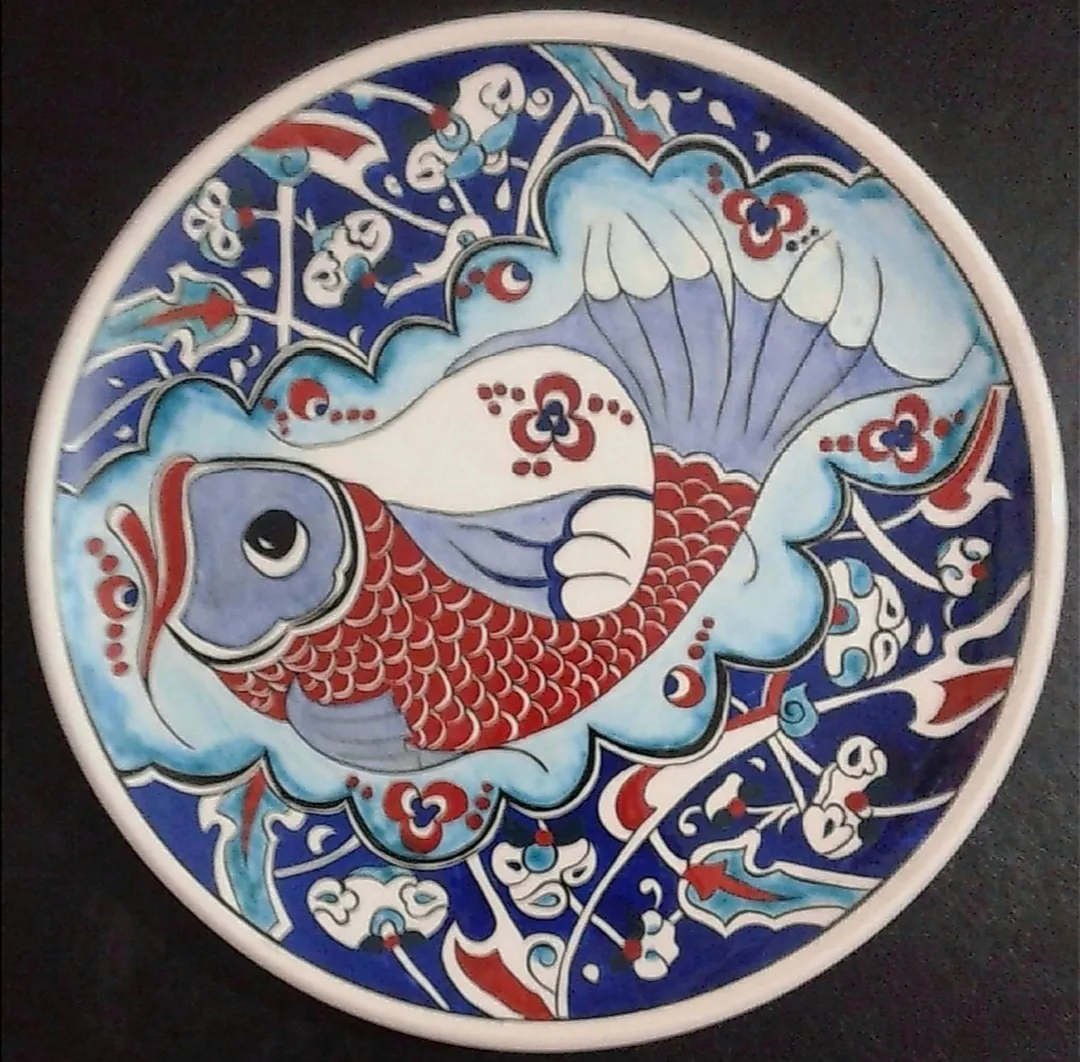 Handmade Ceramic Plate with Fish Pattern in Ottoman Tile Art