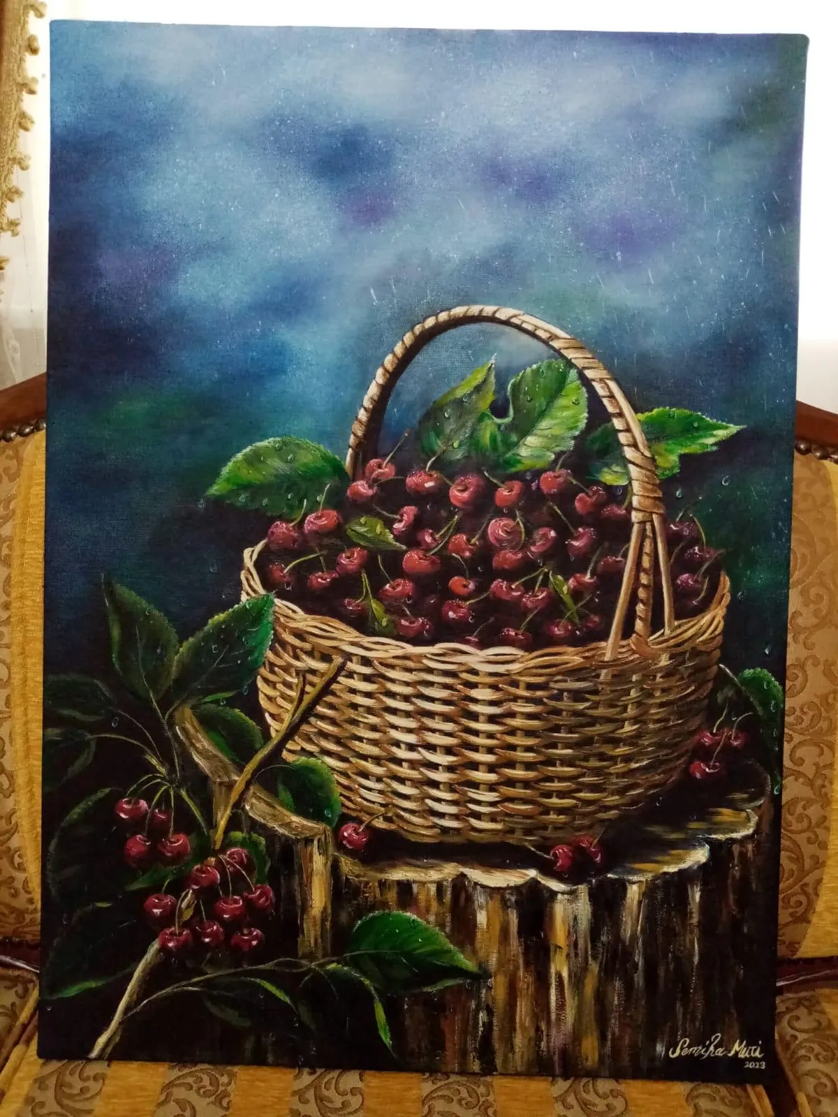 Cherry in a Basket Themed Oil Painting