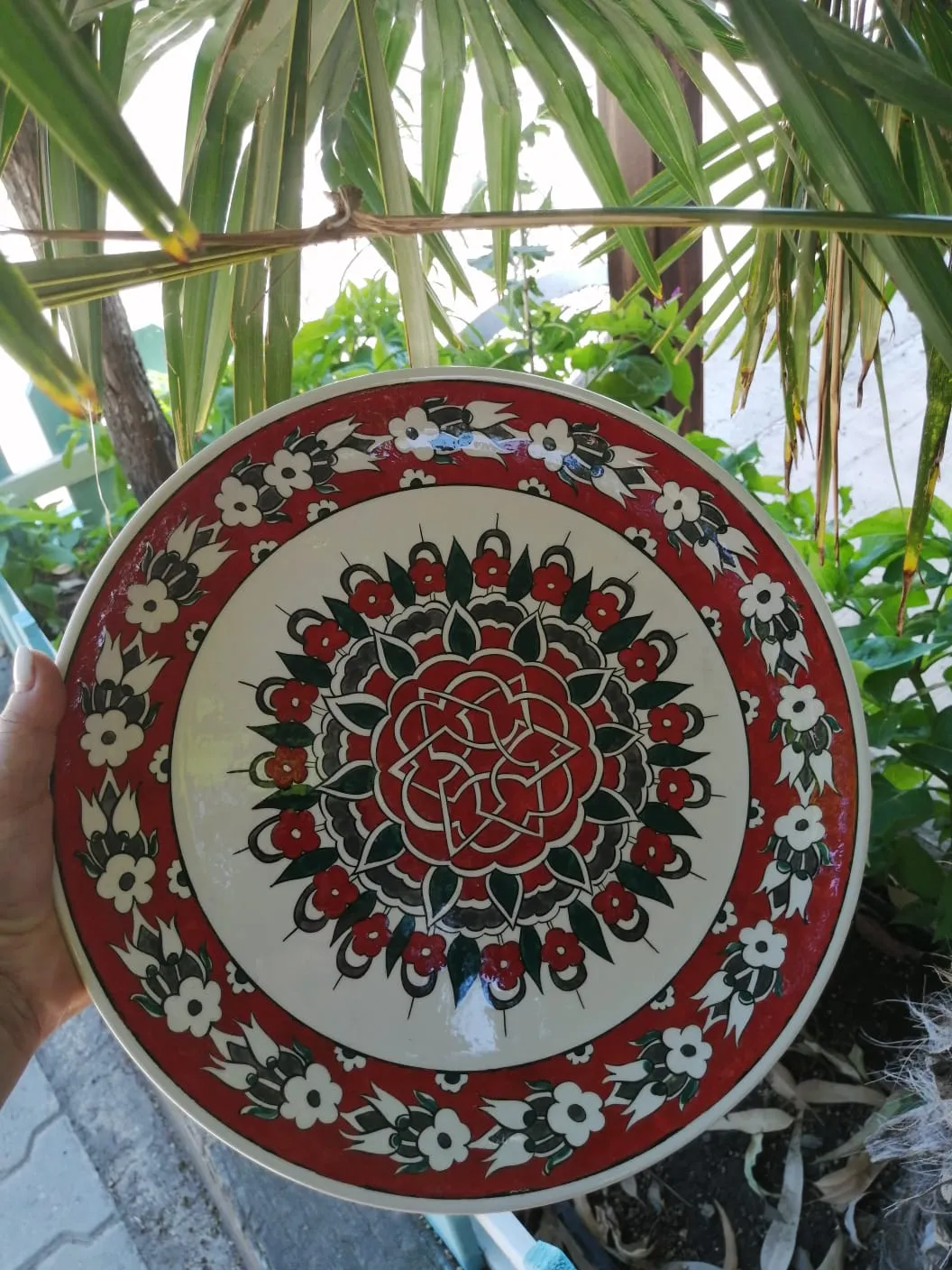 Handcrafted Tile Wall Plate with Anatolian Motif and Red Flower Pattern
