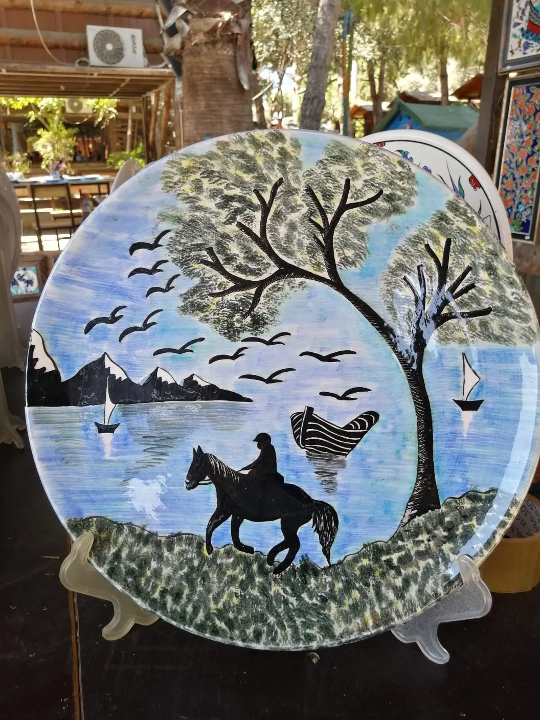 Handmade Ceramic Landscape Plate with Nature and Equestrian Figure Theme