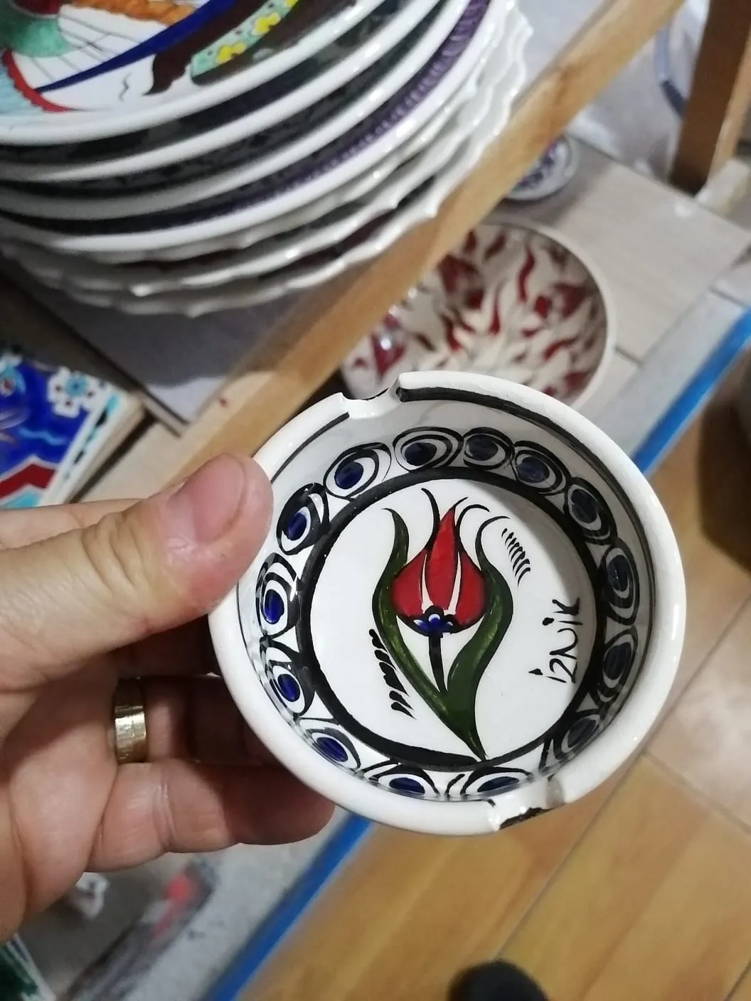 Iznik Signed Tulip Patterned Handmade Ashtray