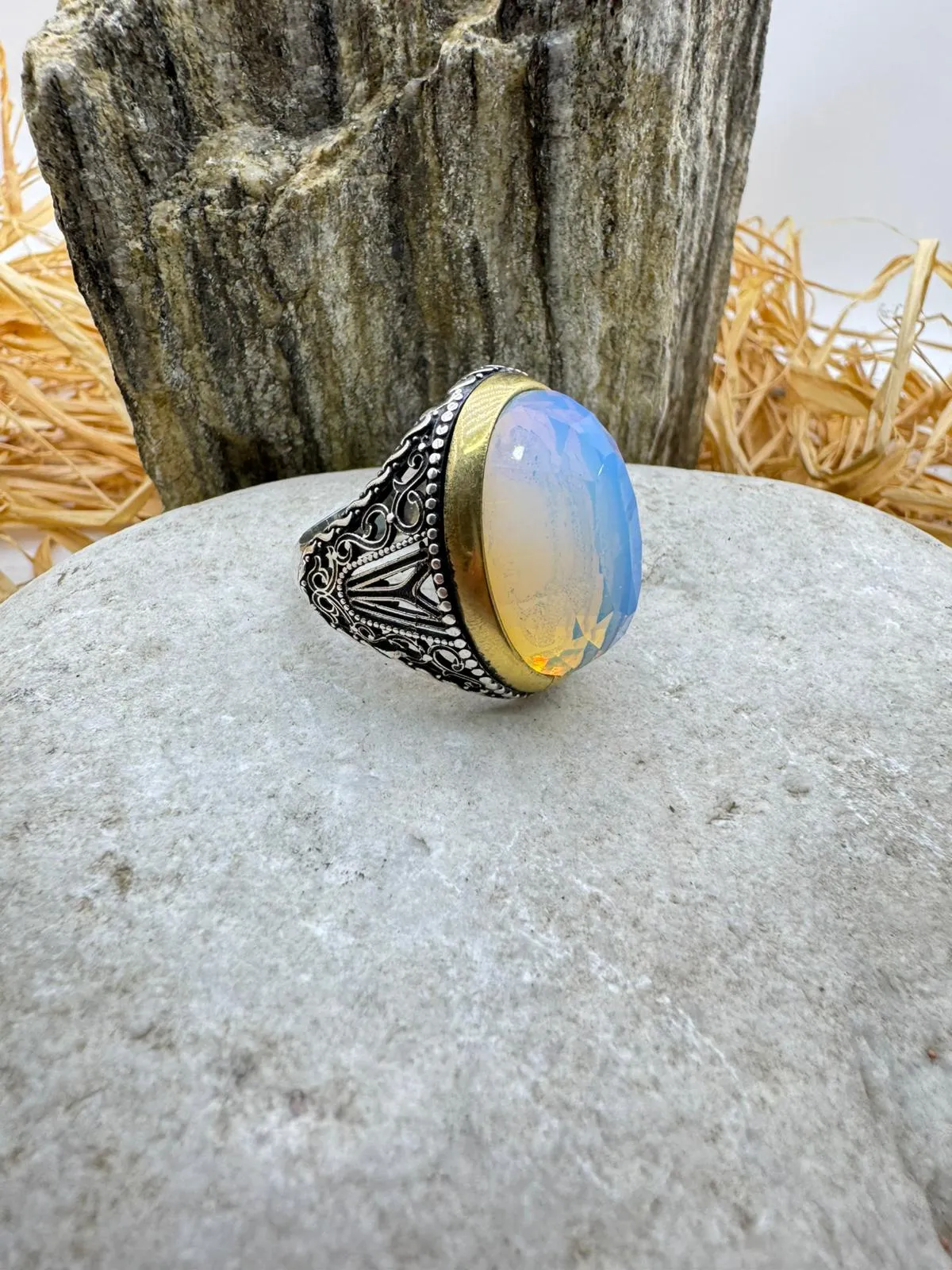 Hand-Engraved 925 Sterling Silver Men's Ring with Opal Stone