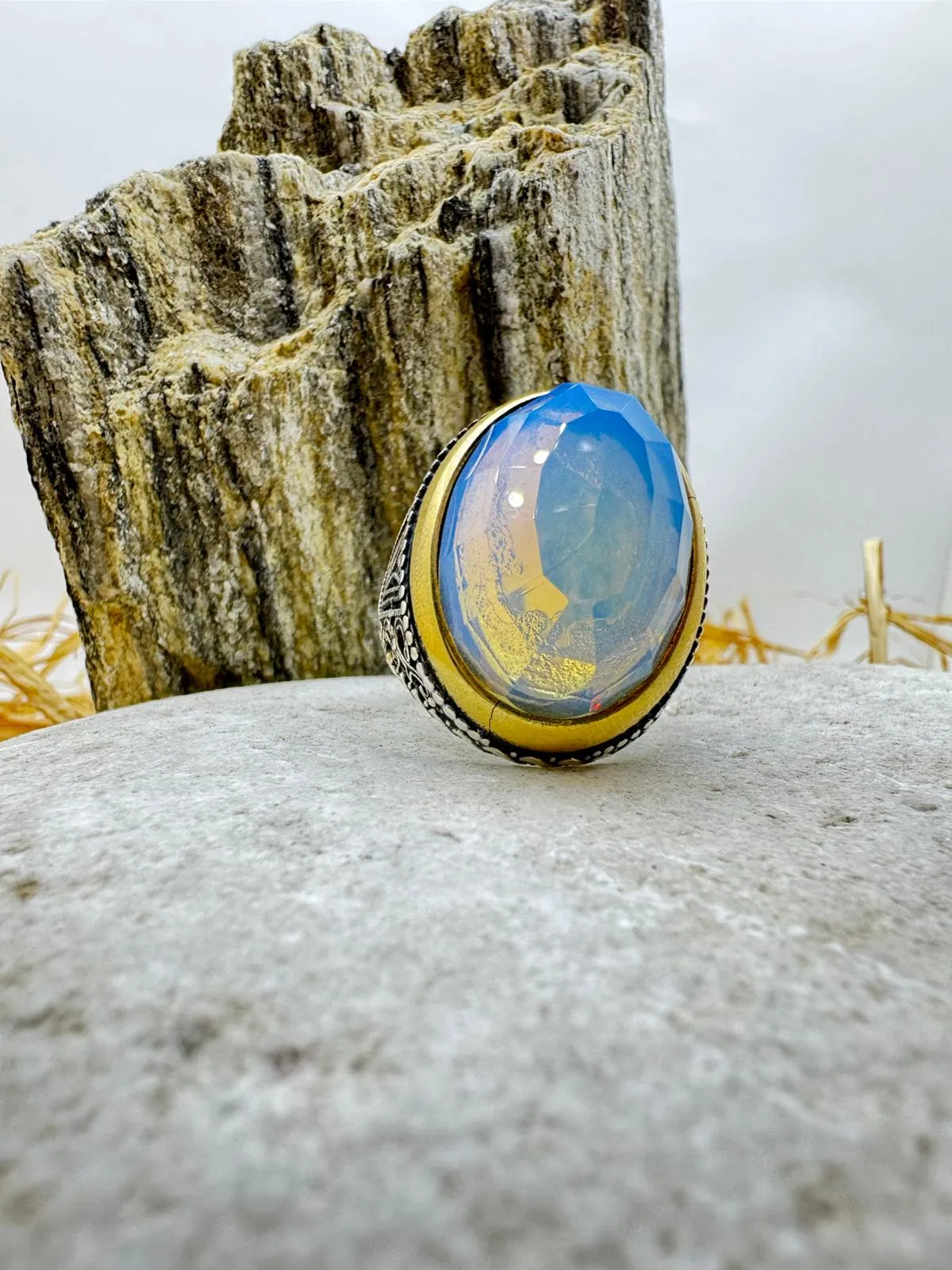 Hand-Engraved 925 Sterling Silver Men's Ring with Opal Stone