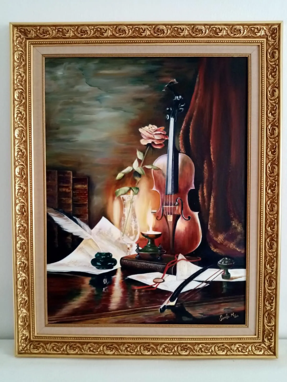 Violin and Rose Themed Oil Painting - 60x80 cm