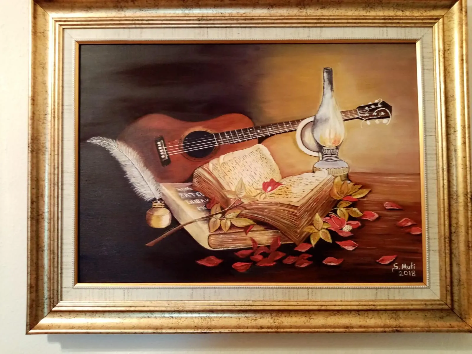 Guitar and Book Themed Oil Painting